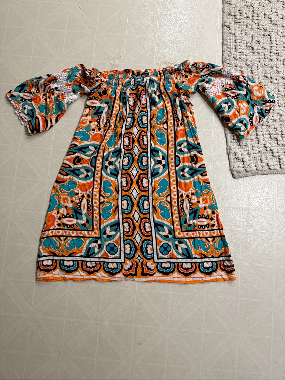 crown & ivy Teal and Orange Off-Shoulder Floral Print Long Sleeve Dress